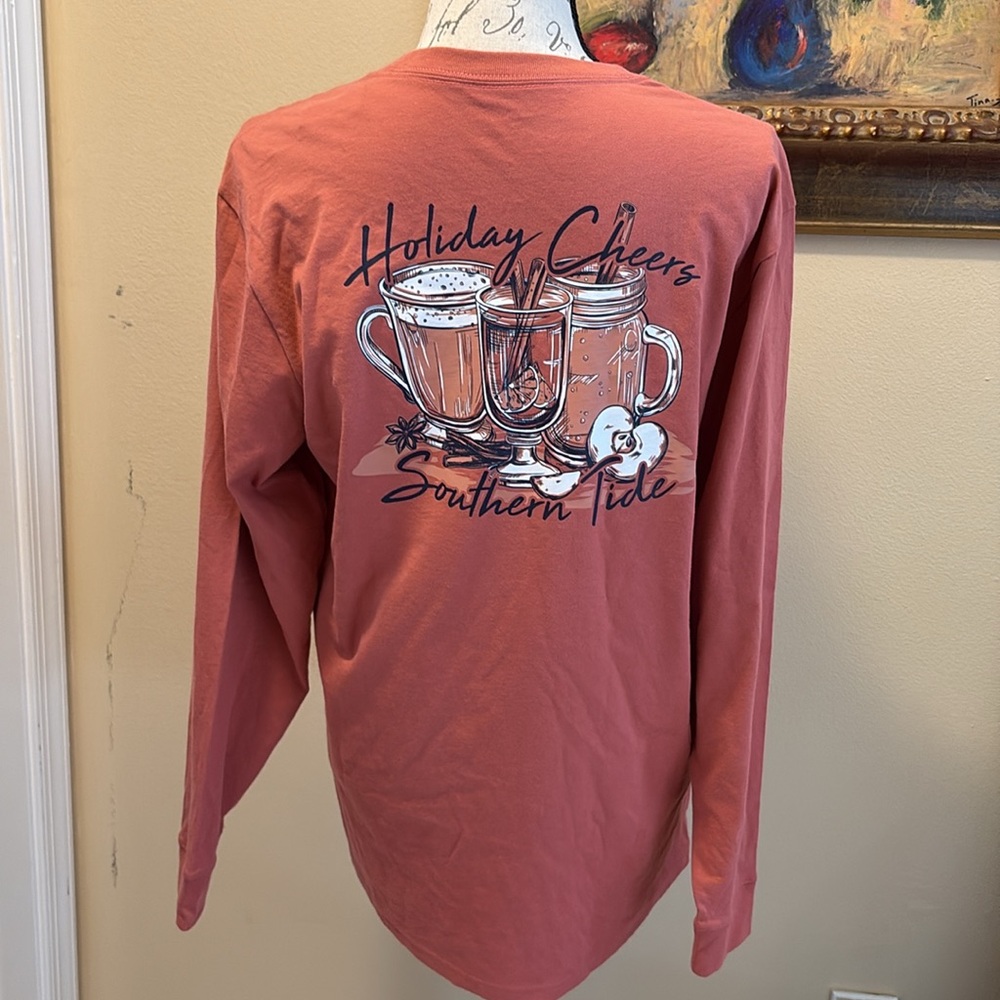 🎉Southern Tide Long sleeve cotton holiday print back one pocket front T-Shirt